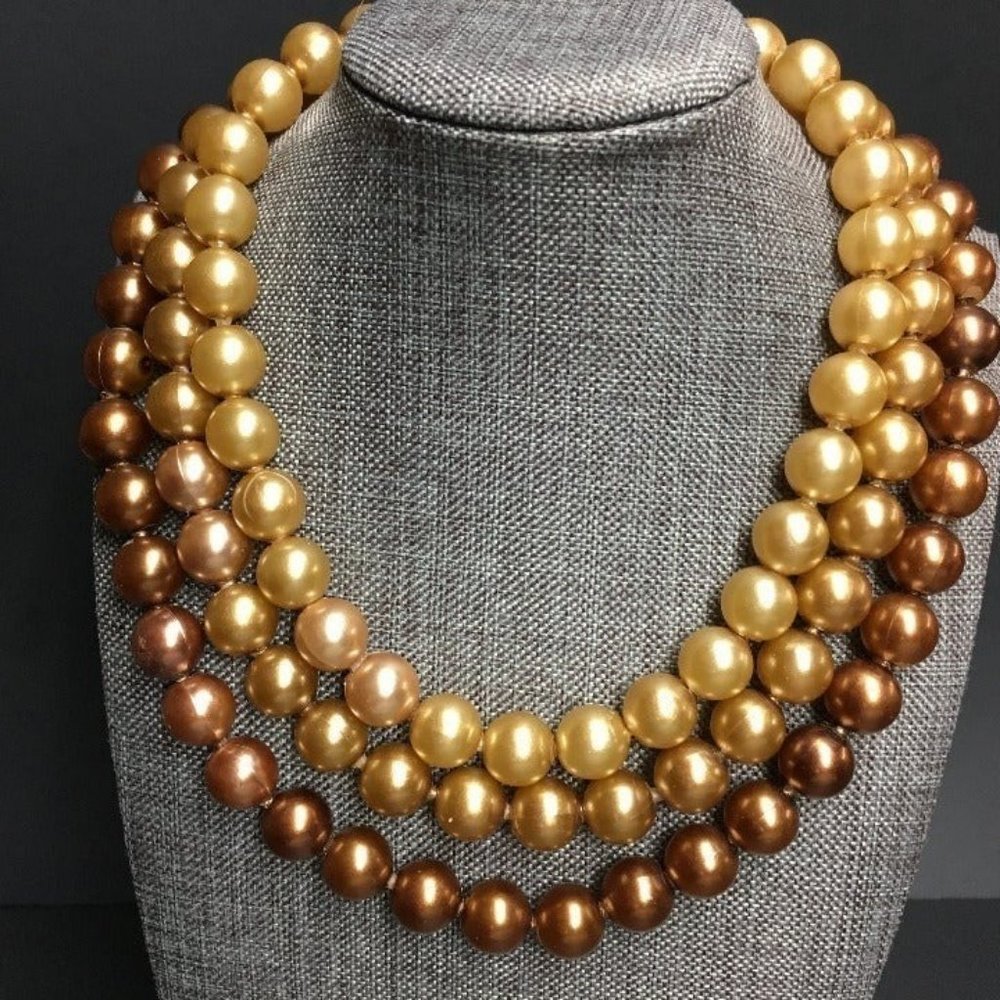 VTG Pop Bead Necklace Brown Triple Strand Pearl Silver Spacer Adjustable Retro